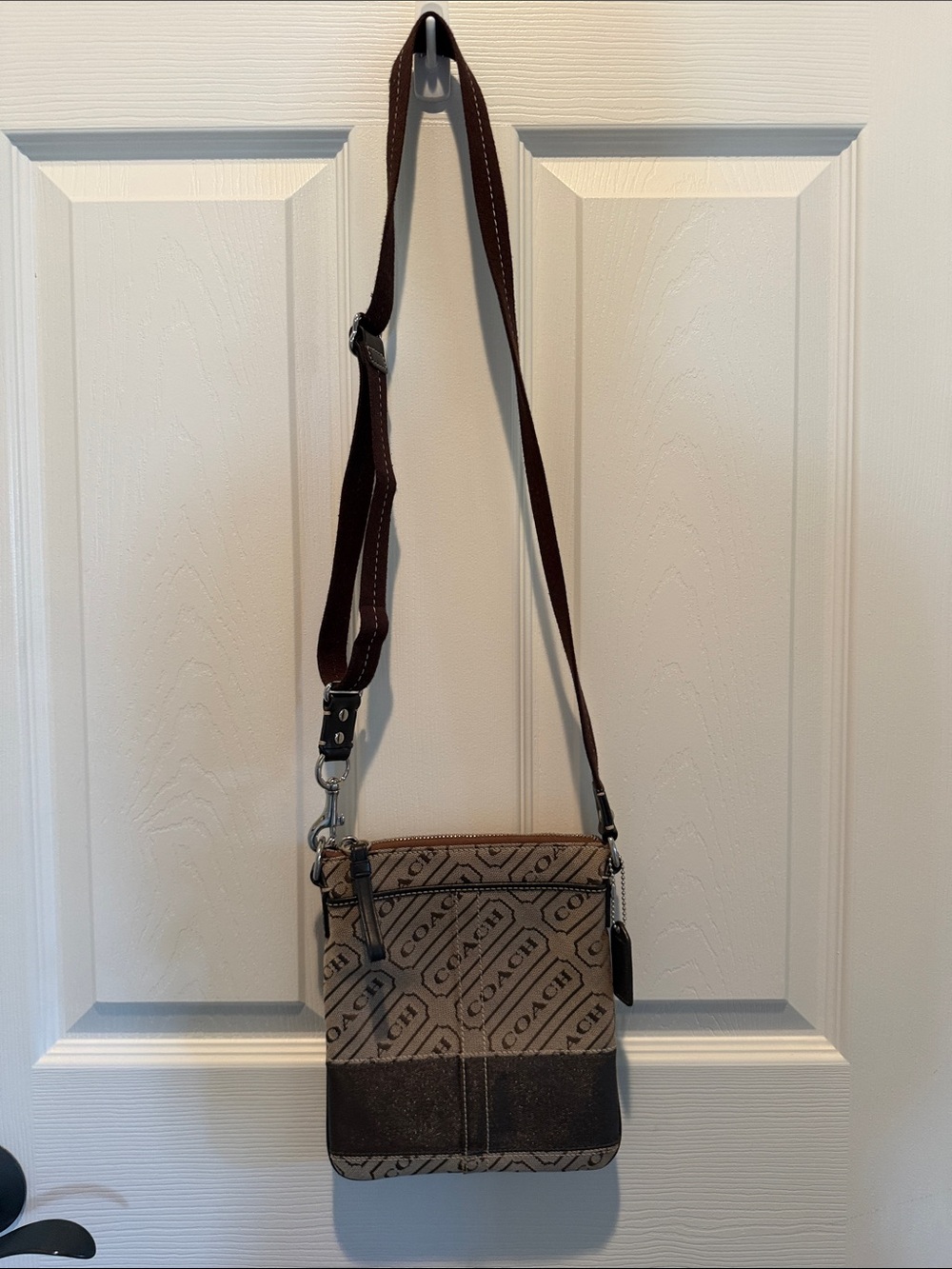 Coach Beige and Brown Signature Nylon Zipper Crossbody